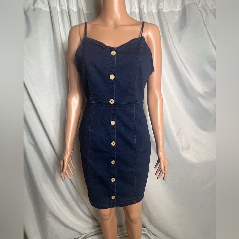 Blashe Denim Bodycon Button Front Dress Adjustable Straps Size Large